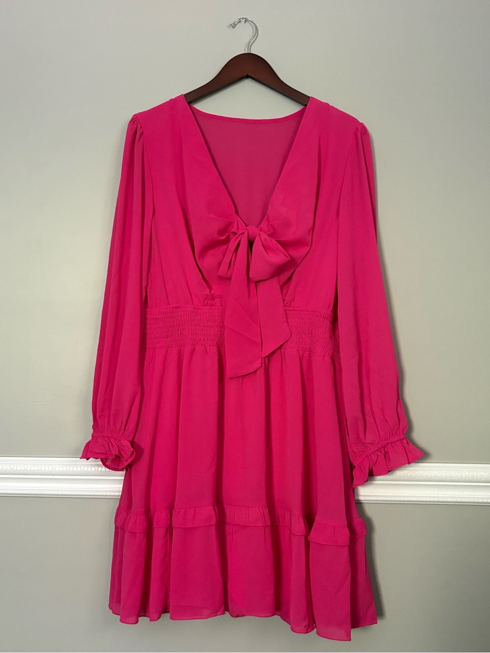 Hot Pink Bow Front Smocked Mini Dress Plus Size 2XL Long Sleeve Lined Barbiecore - Picture 7 of 11